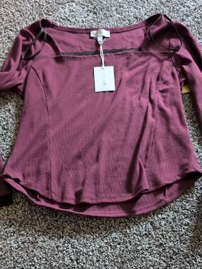 Jessica Simpson Wine Ribbed Long-Sleeve Square Neck Top